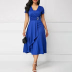 Ladies Cocktail Party Dress Casual V-Neck Short Sleeved Lace up Waist Dress Ladies Asymmetric Wide Hem Dress Evening Party Dress