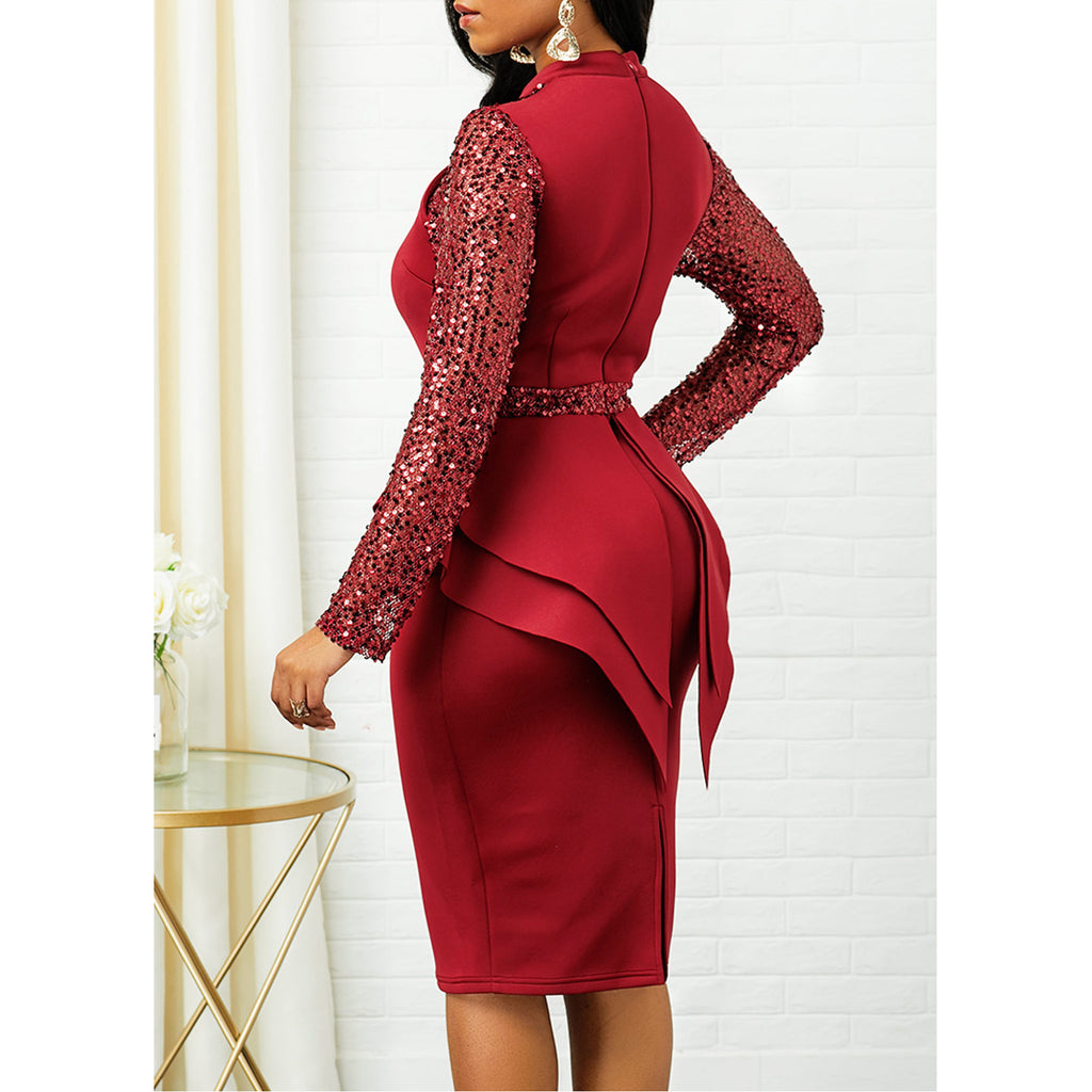 Mid-Length High-Waist Slim Shiny Ruffled Evening Dress