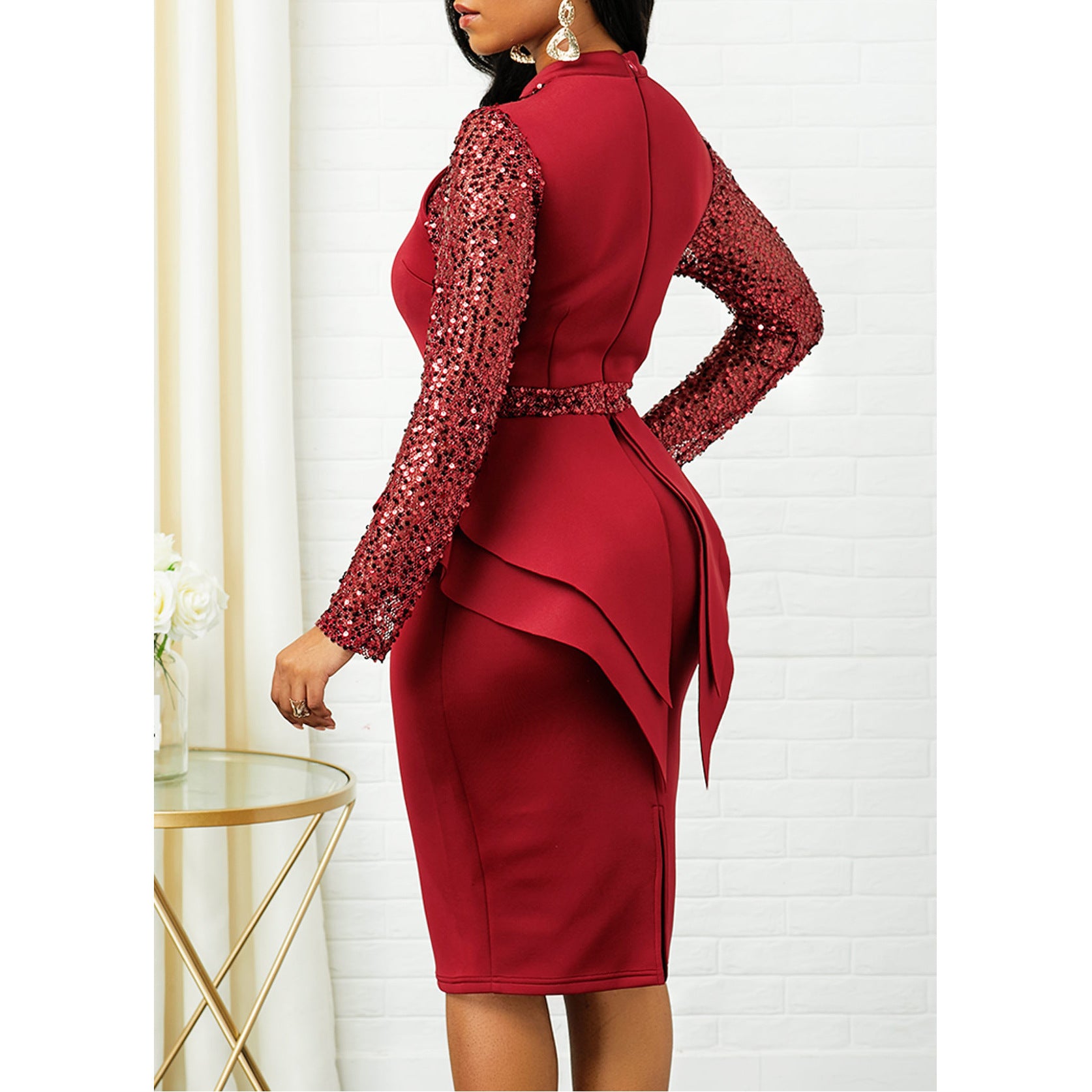 Mid-Length High-Waist Slim Shiny Ruffled Evening Dress