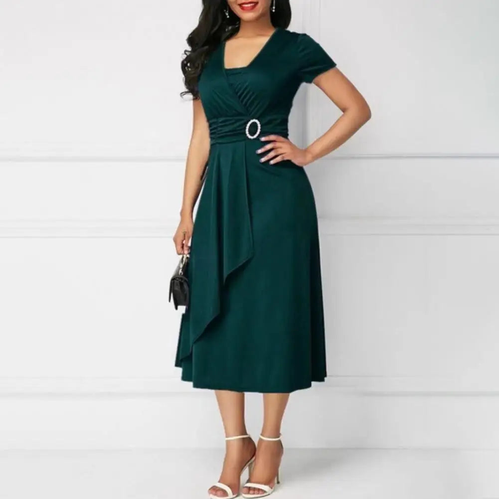 Ladies Cocktail Party Dress Casual V-Neck Short Sleeved Lace up Waist Dress Ladies Asymmetric Wide Hem Dress Evening Party Dress