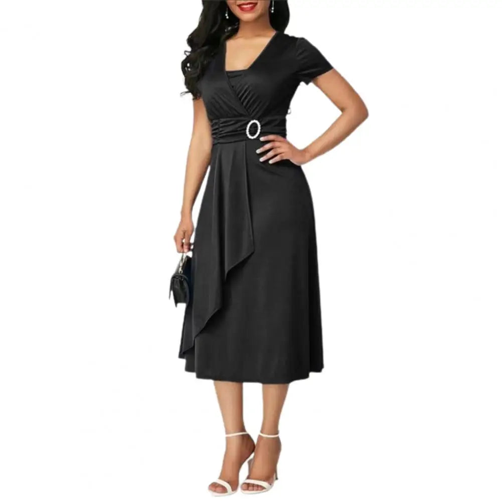 Ladies Cocktail Party Dress Casual V-Neck Short Sleeved Lace up Waist Dress Ladies Asymmetric Wide Hem Dress Evening Party Dress