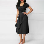 Ladies Cocktail Party Dress Casual V-Neck Short Sleeved Lace up Waist Dress Ladies Asymmetric Wide Hem Dress Evening Party Dress