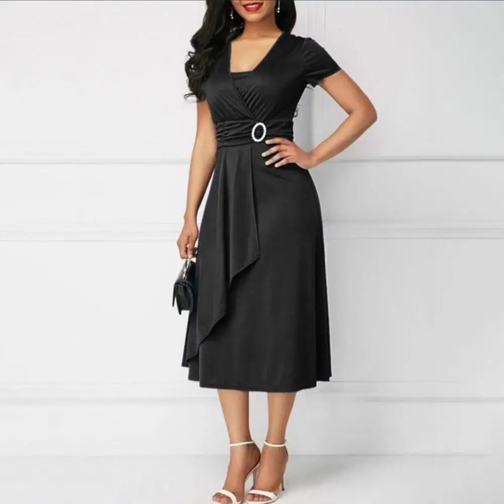 Ladies Cocktail Party Dress Casual V-Neck Short Sleeved Lace up Waist Dress Ladies Asymmetric Wide Hem Dress Evening Party Dress