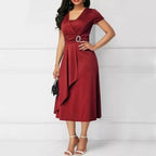 Ladies Cocktail Party Dress Casual V-Neck Short Sleeved Lace up Waist Dress Ladies Asymmetric Wide Hem Dress Evening Party Dress