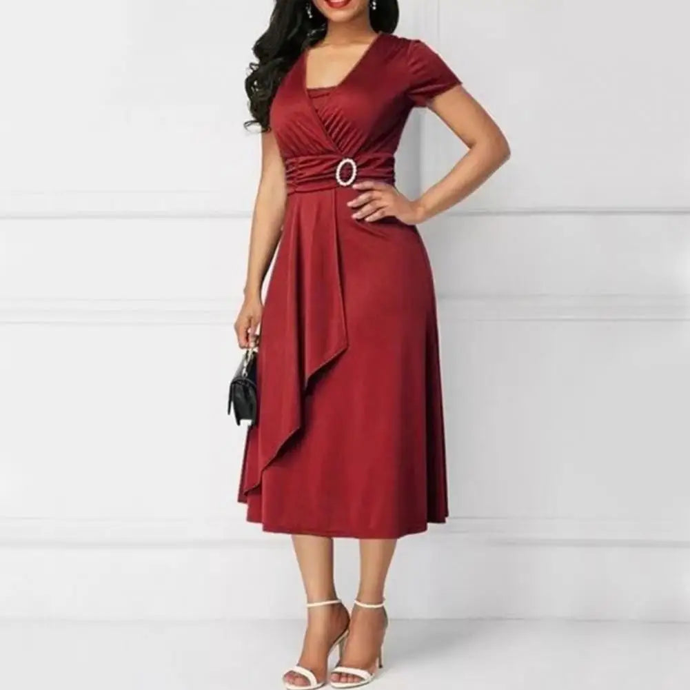 Ladies Cocktail Party Dress Casual V-Neck Short Sleeved Lace up Waist Dress Ladies Asymmetric Wide Hem Dress Evening Party Dress