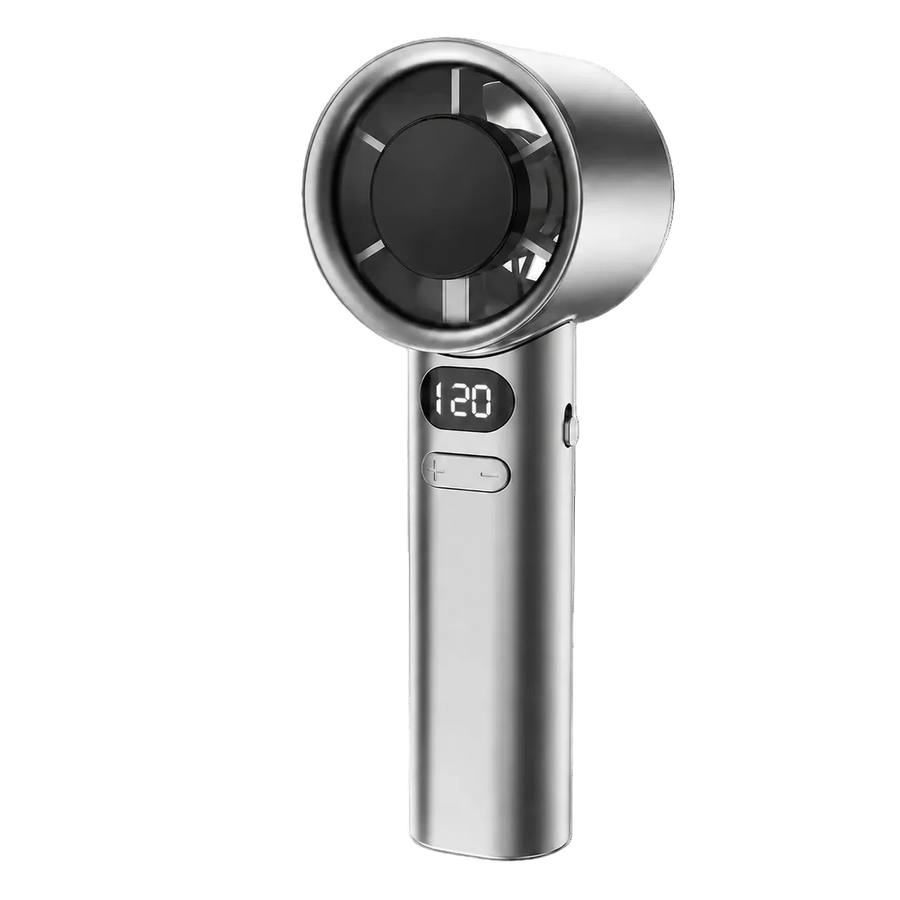 Silver handheld turbo fan with digital display