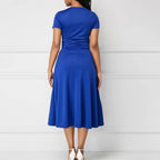 Ladies Cocktail Party Dress Casual V-Neck Short Sleeved Lace up Waist Dress Ladies Asymmetric Wide Hem Dress Evening Party Dress