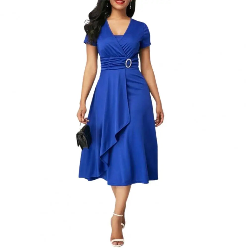 Ladies Cocktail Party Dress Casual V-Neck Short Sleeved Lace up Waist Dress Ladies Asymmetric Wide Hem Dress Evening Party Dress