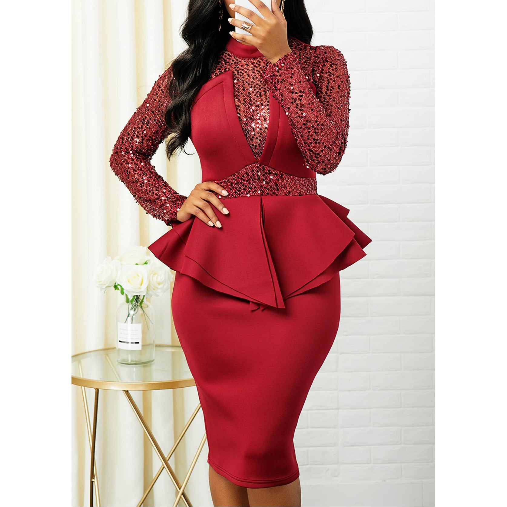 Mid-Length High-Waist Slim Shiny Ruffled Evening Dress