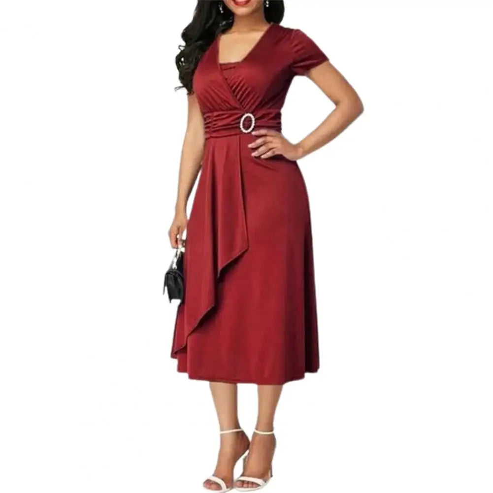 Ladies Cocktail Party Dress Casual V-Neck Short Sleeved Lace up Waist Dress Ladies Asymmetric Wide Hem Dress Evening Party Dress