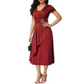 Ladies Cocktail Party Dress Casual V-Neck Short Sleeved Lace up Waist Dress Ladies Asymmetric Wide Hem Dress Evening Party Dress